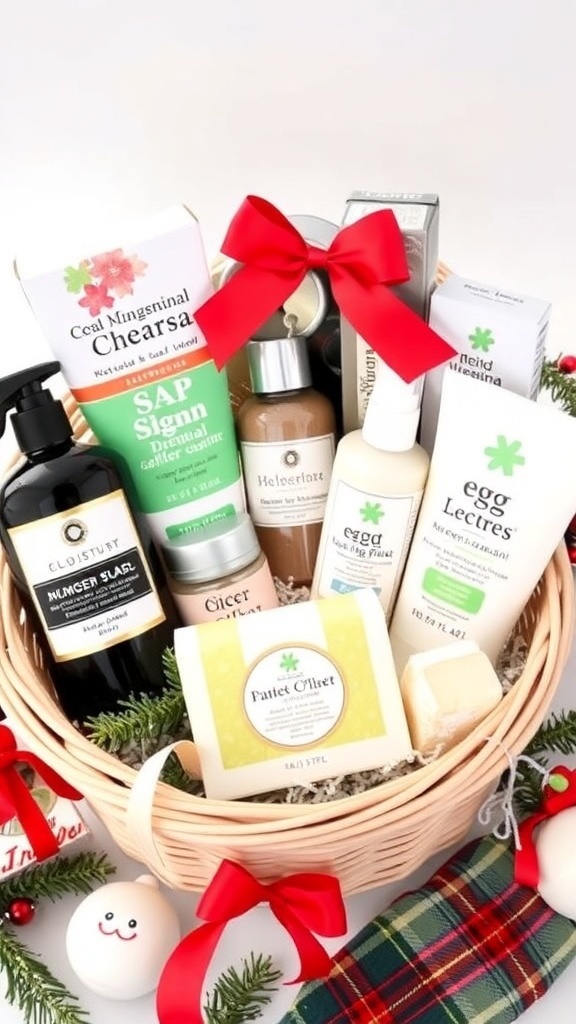 A gift basket with hygiene products like soaps, skincare items, and toothbrushes, decorated for Christmas.